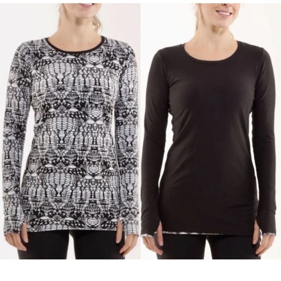 Lululemon Long Sleeve Top‎ Black White Patterned Athletic Shirt M - Picture 1 of 9